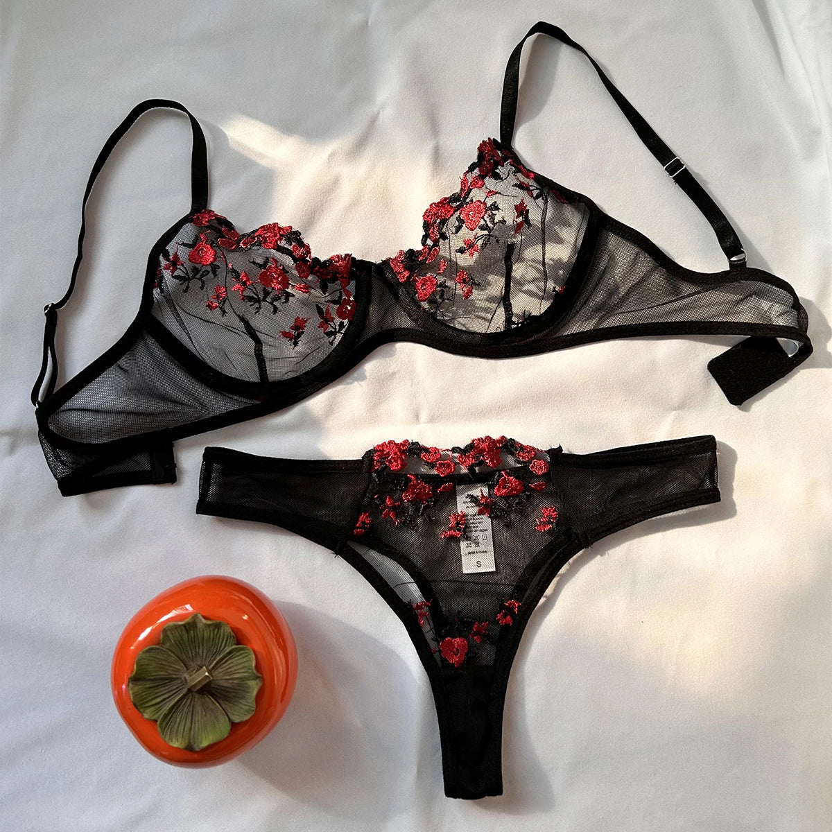 Woman 2 Piece Set Sexy Embroidery Transparent Lingerie Set